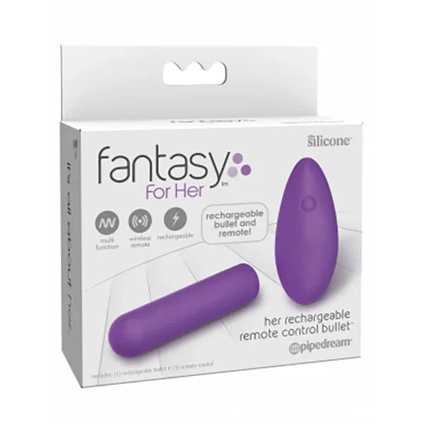 Pipedream Fantasy For Her rechargeable remote bullet retail box, bullet and remote pictured