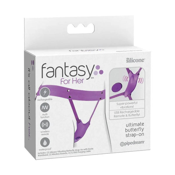 Pipedream Fantasy For Her Ultimate Butterfly strap-on retail box, purple harness pictured