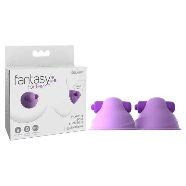 Pipedream Fantasy For Her vibrating nipple suckers in Purple, a pair, beside their box