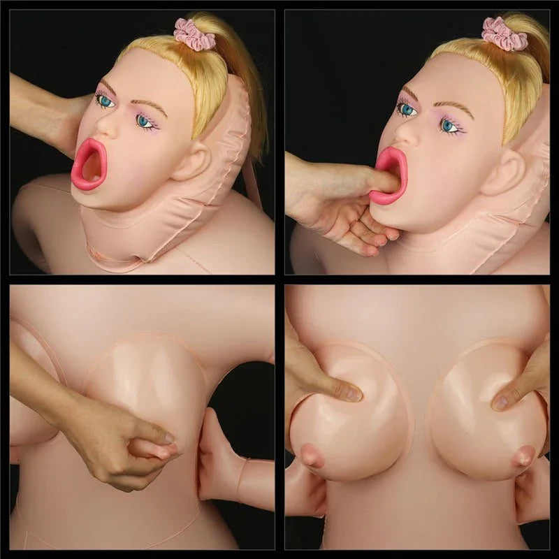 Four detail shots of the Fayola doll: open mouth, throat, waist and breasts being squeezed