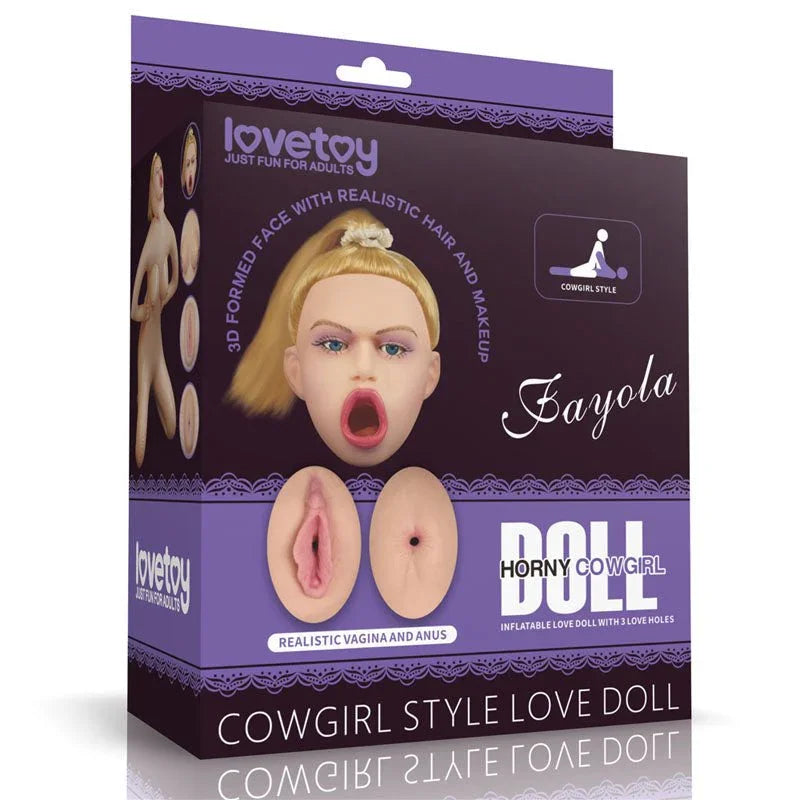 Lovetoy Fayola Horny Cowgirl inflatable love doll retail box, purple with a 3D face panel