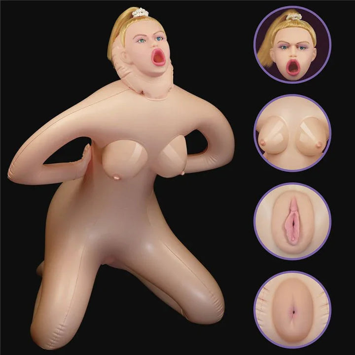 Fayola inflatable doll kneeling in cowgirl pose with insets of her face, breasts and openings