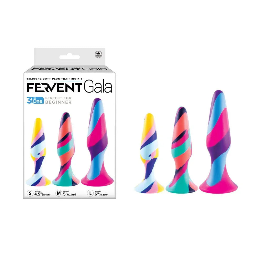 Fervent Gala anal training kit, three multicolour swirl plugs beside the box