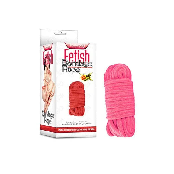 Lovetoy Fetish Bondage Rope coiled in a neat hank next to its retail box, 10 m cotton rope