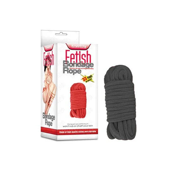 Lovetoy Fetish Bondage Rope in Black coiled beside its Fetish Bondage Rope box, 10 m cotton