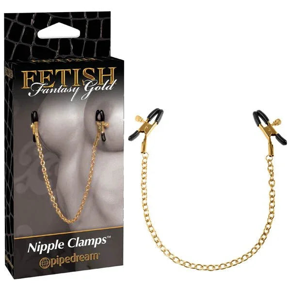 Pipedream Fetish Fantasy Gold nipple clamps, two gold clips linked by a gold chain, with box