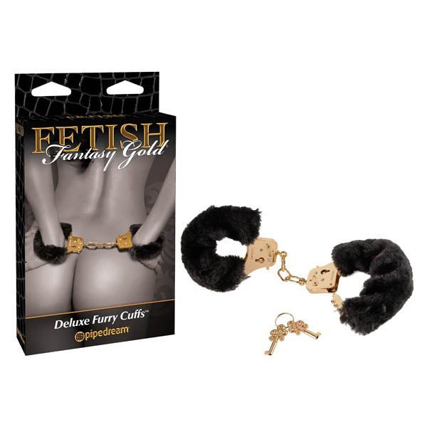 Fetish Fantasy Gold Deluxe Furry Cuffs - Black/Gold Furry Restraints – Sex toys NZ by Naughtyhut. Discreet delivery nationwide.