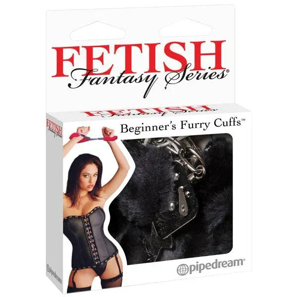 Pipedream Fetish Fantasy beginner's furry handcuffs in Black, boxed with black fur lining