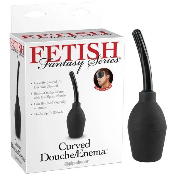 Pipedream Fetish Fantasy curved anal douche in Black, bulb and curved nozzle, beside its box