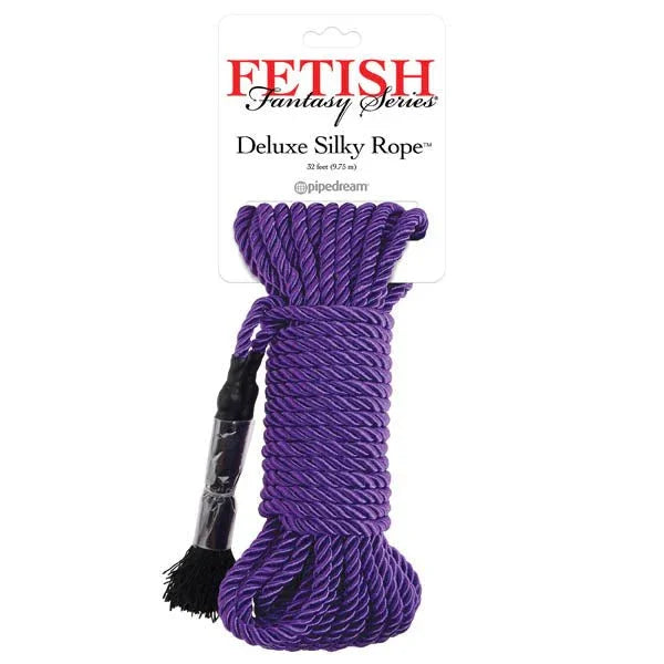 Pipedream Fetish Fantasy Deluxe Silky Rope in Purple, coiled and carded, 32 feet long