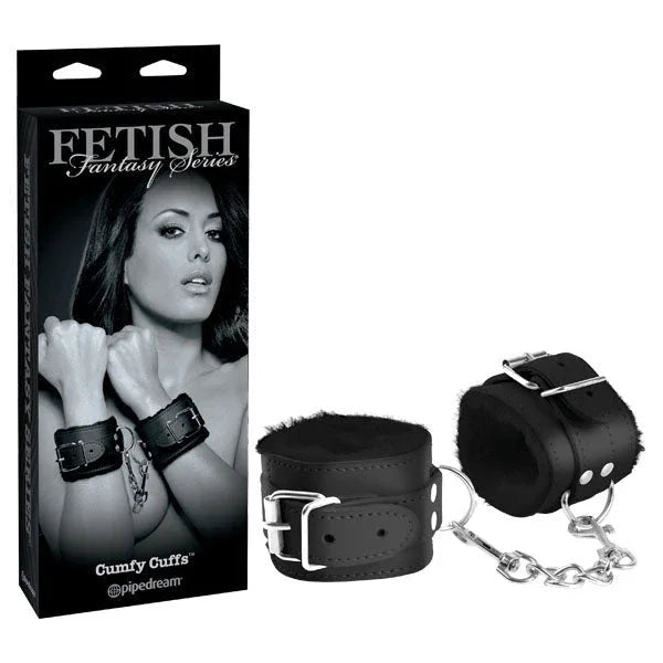 Pipedream Fetish Fantasy Cumfy padded cuffs in Black, fur-lined wrist cuffs with chain, and box