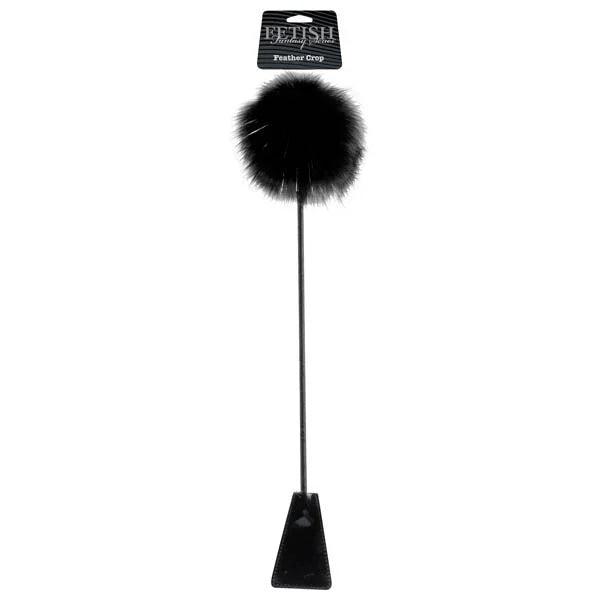 Pipedream Fetish Fantasy feather bondage crop in Black, feather puff on a slim handle, carded