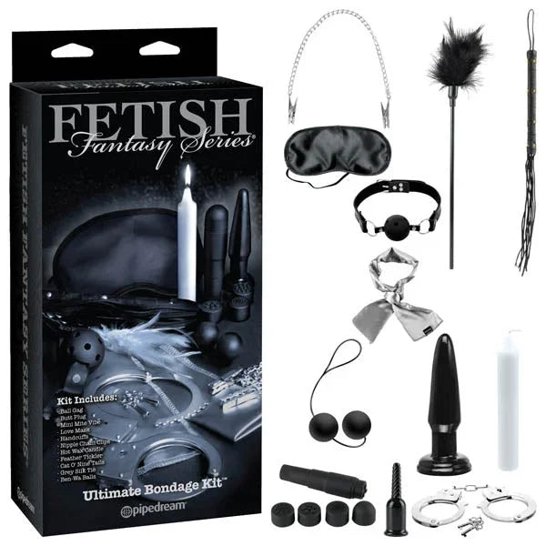Fetish Fantasy Ultimate Bondage Kit box with all 11 pieces laid out: mask, gag, cuffs, plug, tickler and more