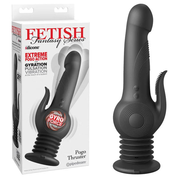 Pipedream Fetish Fantasy Pogo Thruster in Black beside its Extreme Pogo Action box