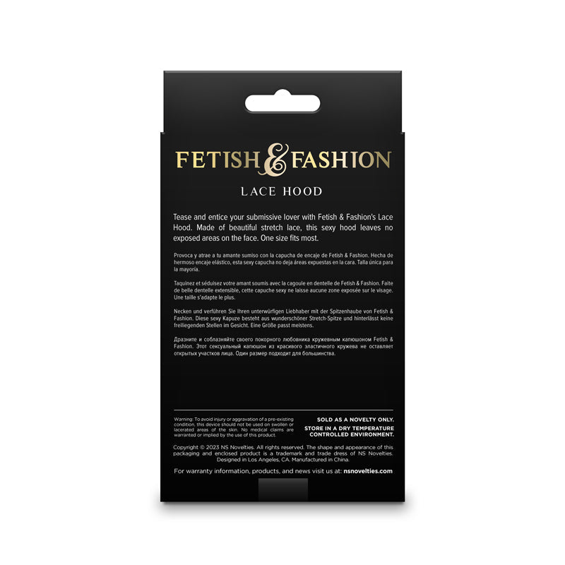 The Fetish & Fashion - Lace Hood - Black features the brands gold logo on a sleek black background. Descriptive multilingual text details this stretch lace product, with novelty item noted at the bottom.
