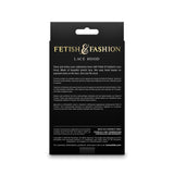 The Fetish & Fashion - Lace Hood - Black features the brands gold logo on a sleek black background. Descriptive multilingual text details this stretch lace product, with novelty item noted at the bottom.