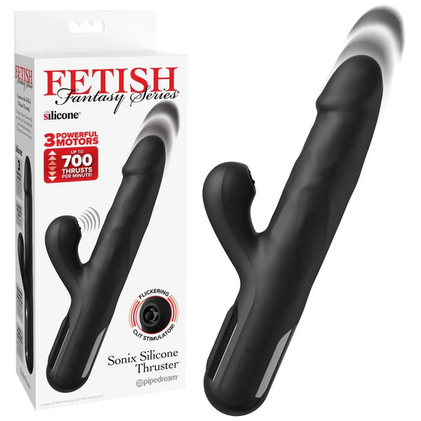 Pipedream FFS Sonix silicone thrusting vibrator in Black with clit stimulator and its box