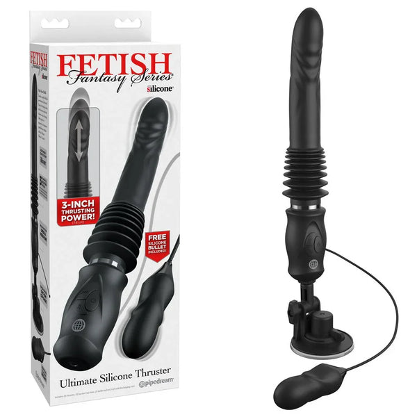 Pipedream FFS Ultimate silicone thruster in Black on a suction base, with bullet and box