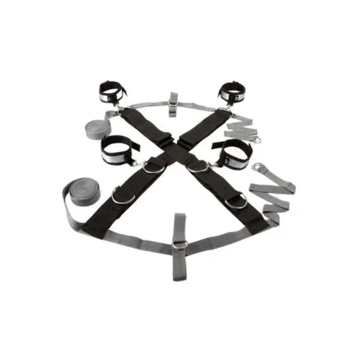 Fifty Shades of Grey Keep Still set, crossed black bed straps with cuffs and grey ties