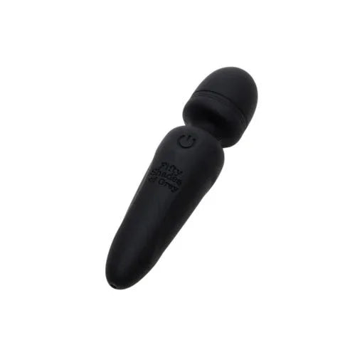 Fifty Shades of Grey Sensation Mini Wand in Black, rounded head, angled view