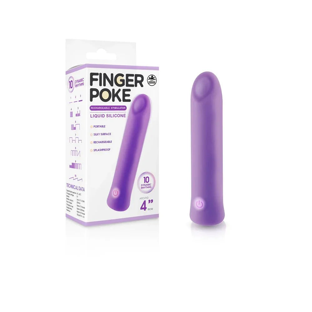 Finger Poke 10 cm rechargeable bullet in Purple, rounded tip, beside its retail box