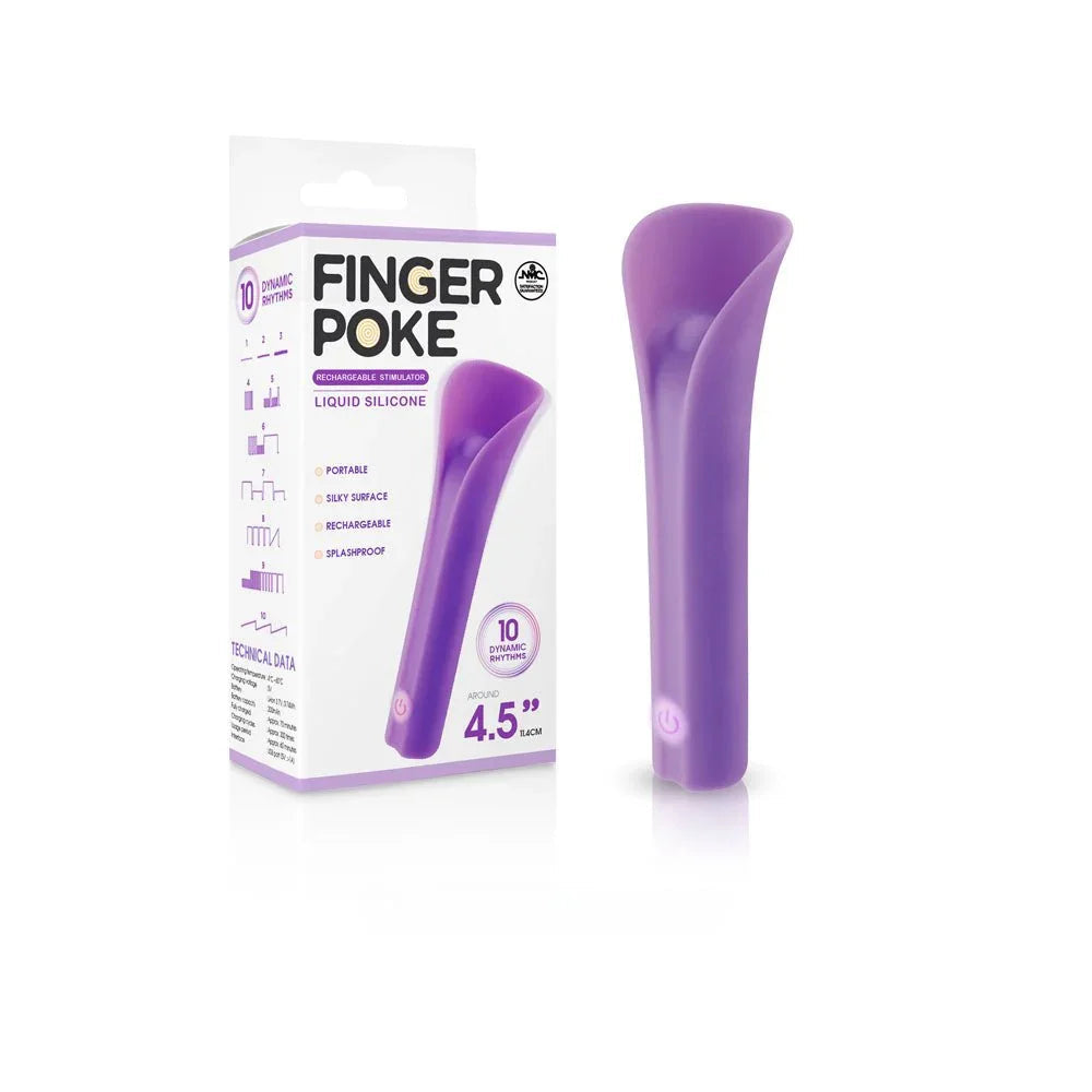 Finger Poke 11.4 cm bullet in Purple, showing the curved petal tip and its box