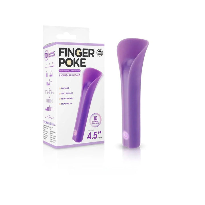 Finger Poke 11.4 cm bullet in Purple, showing the curved petal tip and its box