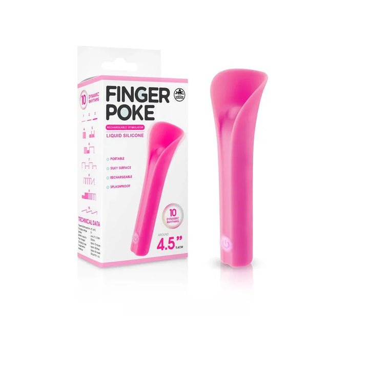 Finger Poke 11.4 cm bullet in Pink, flared petal tip, beside its pink box