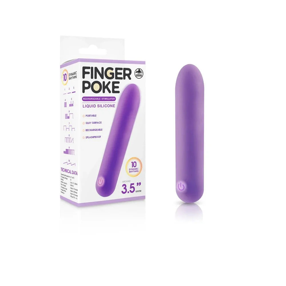 Finger Poke 8.9 cm rechargeable bullet in Purple, compact rounded body beside its box