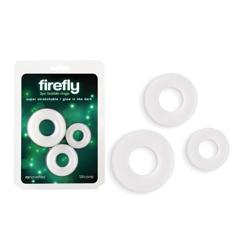 Firefly Bubble Rings in White, three glow cock rings in graduating sizes beside the pack