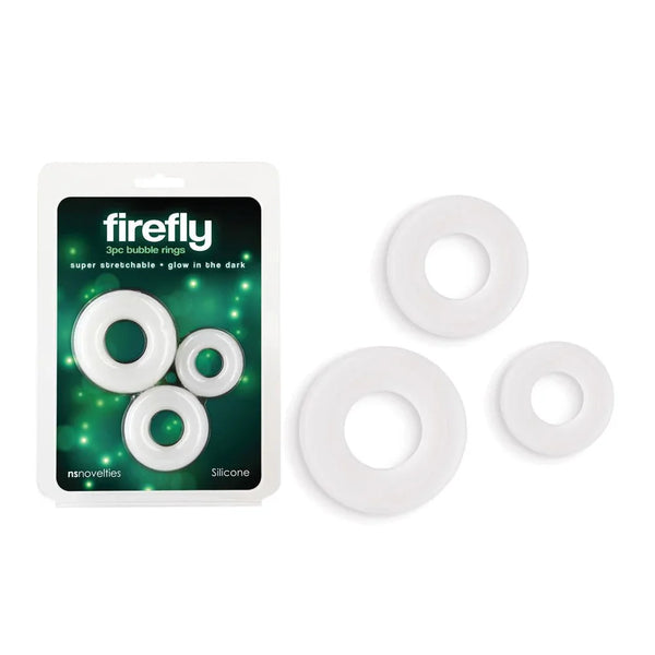 Firefly Bubble Rings in White, three glow cock rings in graduating sizes beside the pack