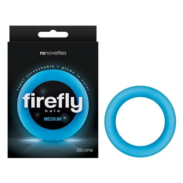 Firefly Halo cock ring in Blue, smooth silicone ring beside its black glow-in-the-dark box
