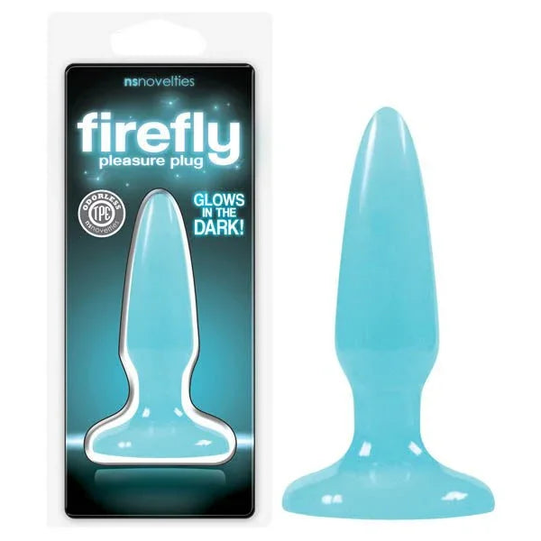 Firefly Pleasure Plug in Blue, tapered mini plug beside its teal glow-in-the-dark pack
