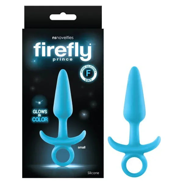 Firefly Prince small butt plug in Blue, ring-pull base, beside its black firefly box