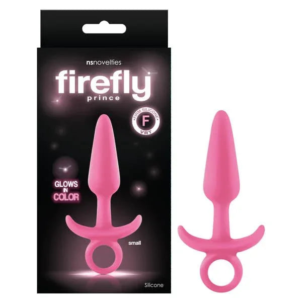Firefly Prince small butt plug in Pink, ring-pull base, beside its black firefly box
