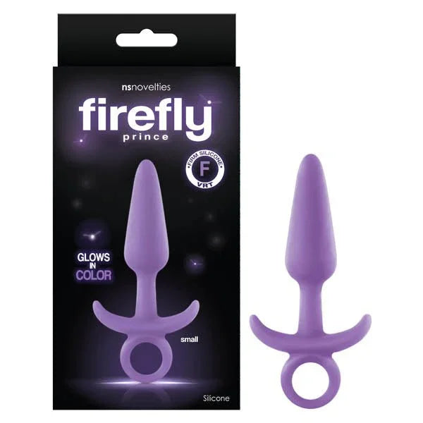 Firefly Prince small butt plug in Purple, ring-pull base, beside its black firefly box