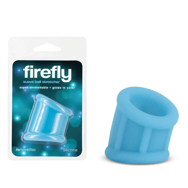 Firefly Suave ball stretcher in Blue, ribbed silicone sleeve beside its firefly pack