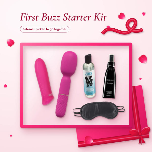 First Buzz Starter Kit: Evolved Pretty In Pink Bullet, Loveline Bella Mini Wand, Juicy AF Water-Based Lube 118ml, Wicked…