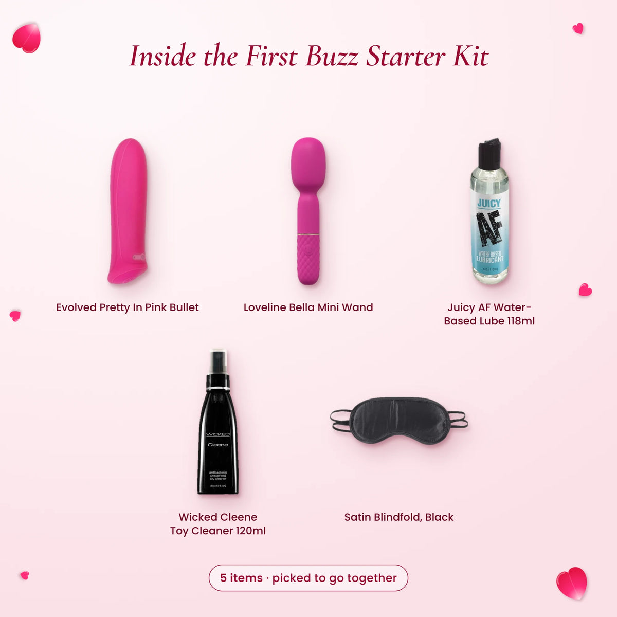 What's inside the First Buzz Starter Kit: Evolved Pretty In Pink Bullet, Loveline Bella Mini Wand, Juicy AF Water-Based…