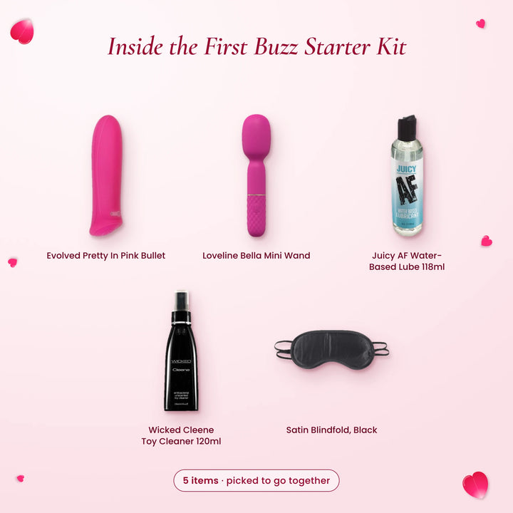 What's inside the First Buzz Starter Kit: Evolved Pretty In Pink Bullet, Loveline Bella Mini Wand, Juicy AF Water-Based…