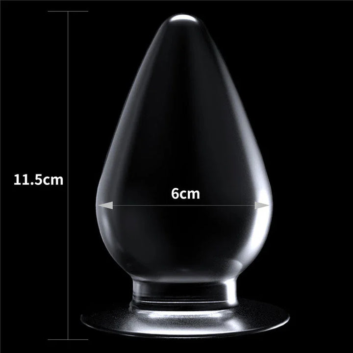 Flawless Clear anal plug with measurements marked: 11.5 cm tall and 6 cm across the widest point