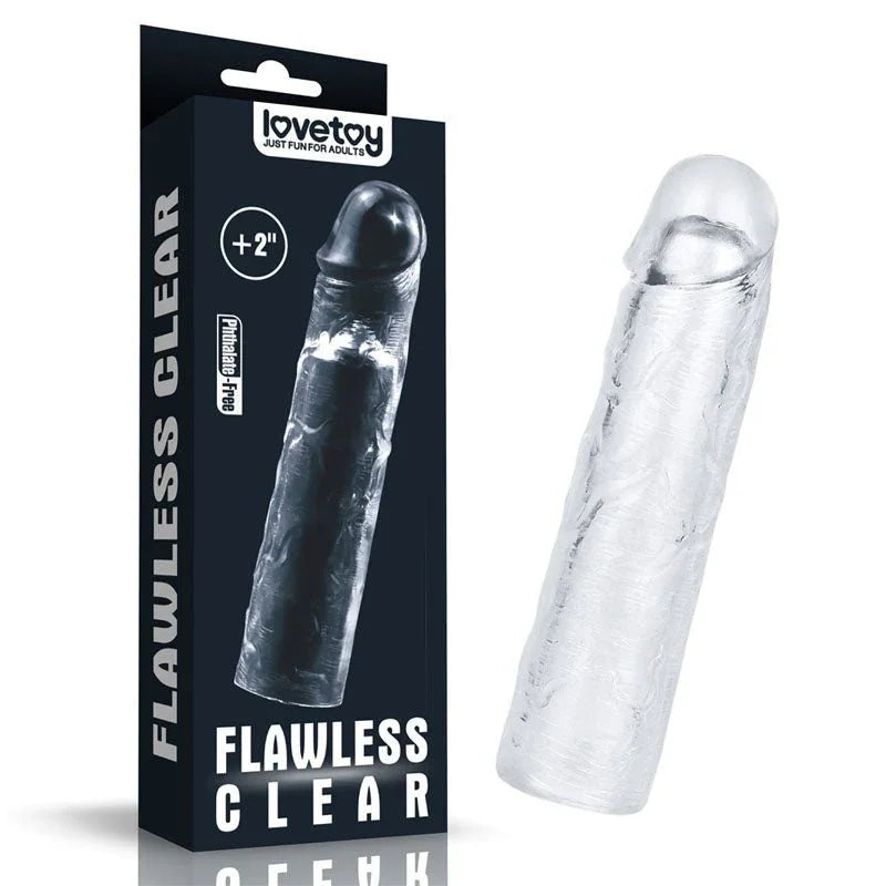Lovetoy Flawless Clear penis extender sleeve, transparent ribbed sleeve with its black box
