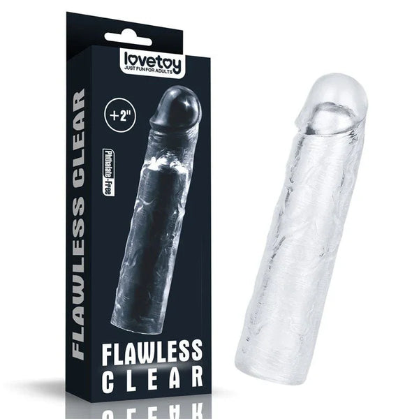 Lovetoy Flawless Clear penis extender sleeve, transparent ribbed sleeve with its black box