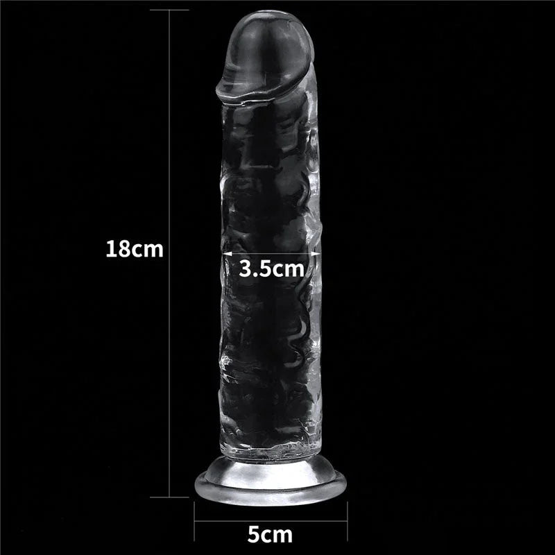 Flawless Clear 7 inch measurements: 18 cm long, 3.5 cm wide, 5 cm suction base