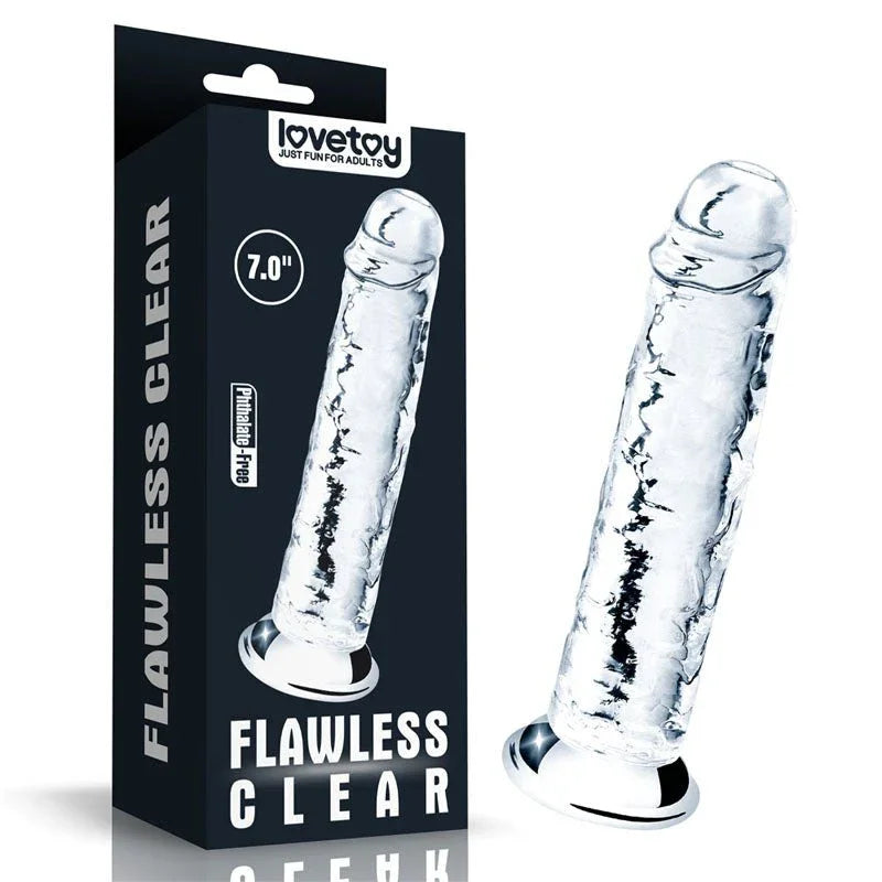 Lovetoy Flawless Clear 7 inch dildo in Clear beside its black Flawless Clear box