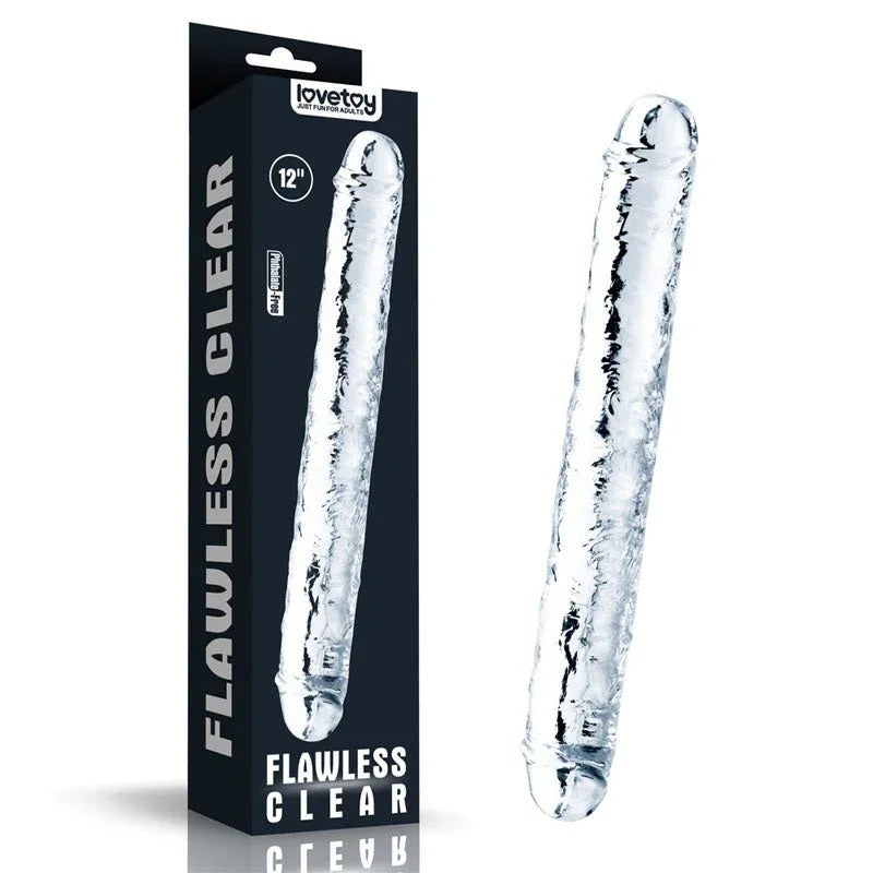 Lovetoy Flawless Clear 12 inch double dildo in Clear with its Flawless Clear box