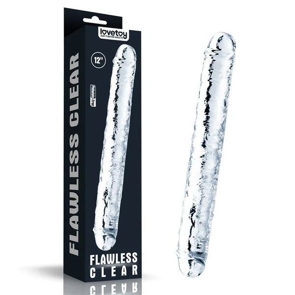Lovetoy Flawless Clear 12 inch double dildo in Clear with its Flawless Clear box