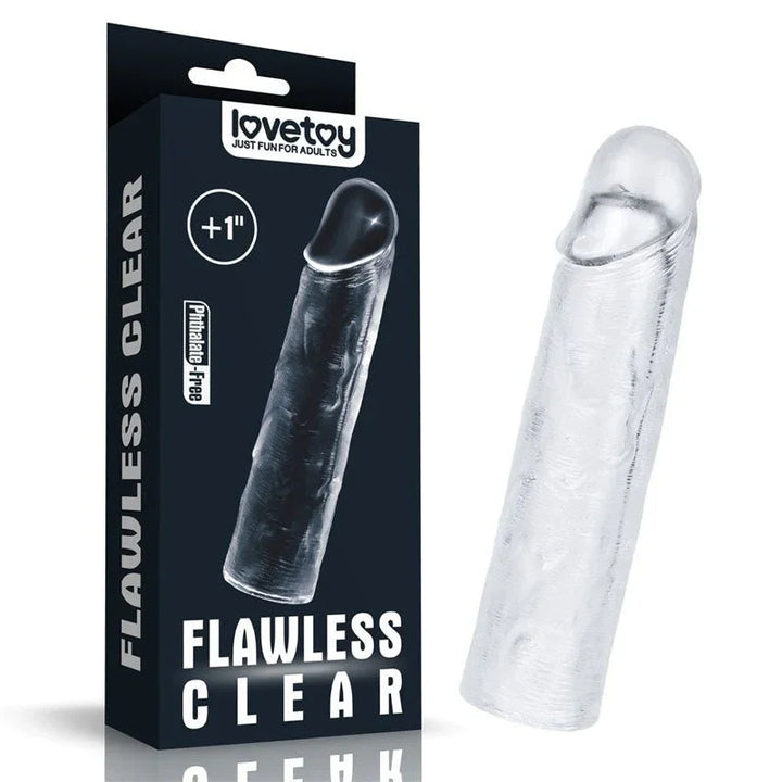 Lovetoy Flawless Clear 1 inch penis extender sleeve beside its black retail box