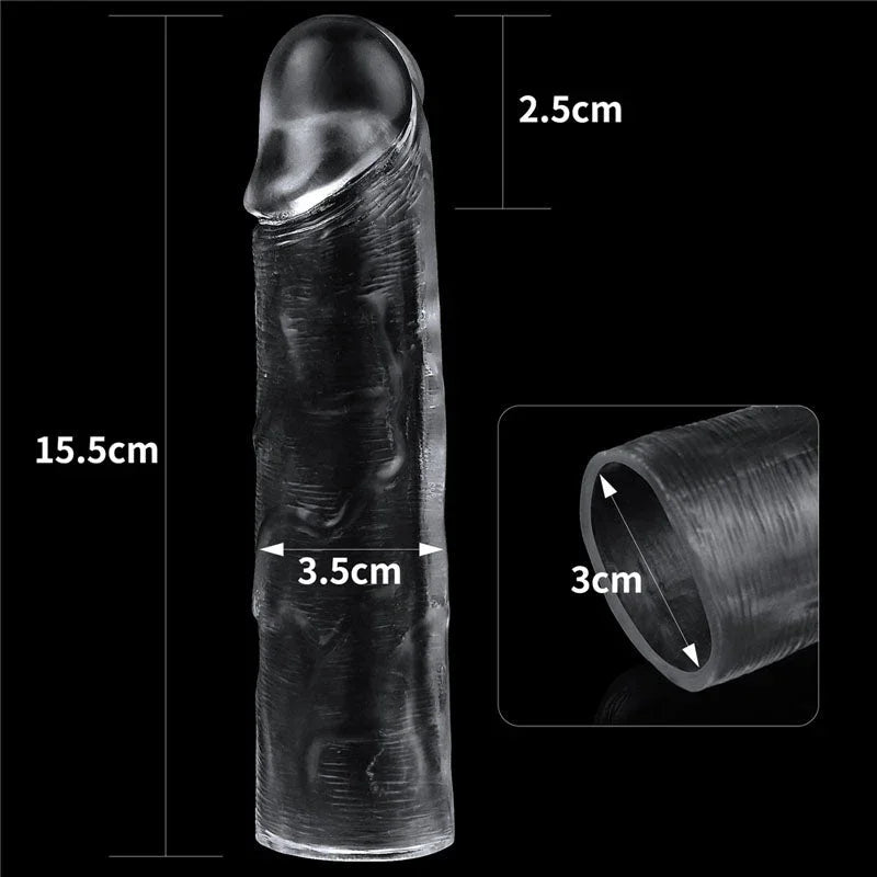 Flawless Clear sleeve measurements: 15.5 cm long, 3.5 cm wide, 2.5 cm tip, 3 cm inner bore