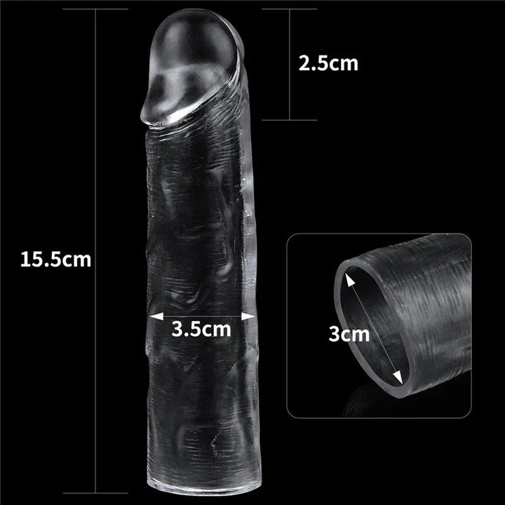 Flawless Clear sleeve measurements: 15.5 cm long, 3.5 cm wide, 2.5 cm tip, 3 cm inner bore